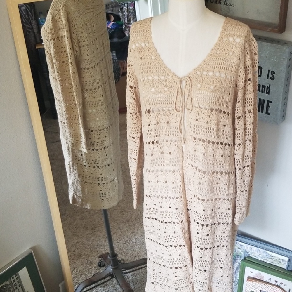 Vintage Off White Crochet Cardigan with Tie Front